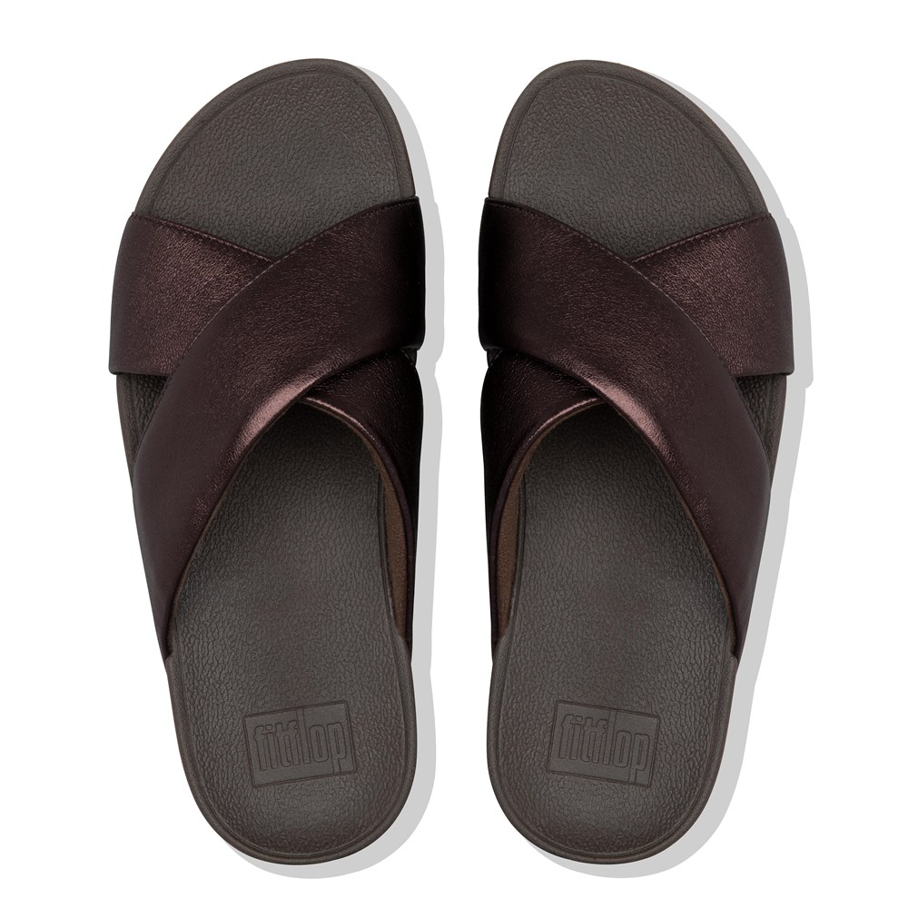 Fitflop Womens Slides - Lulu Metallic Leather Cross - Dark Brown - 918-SNCKTO